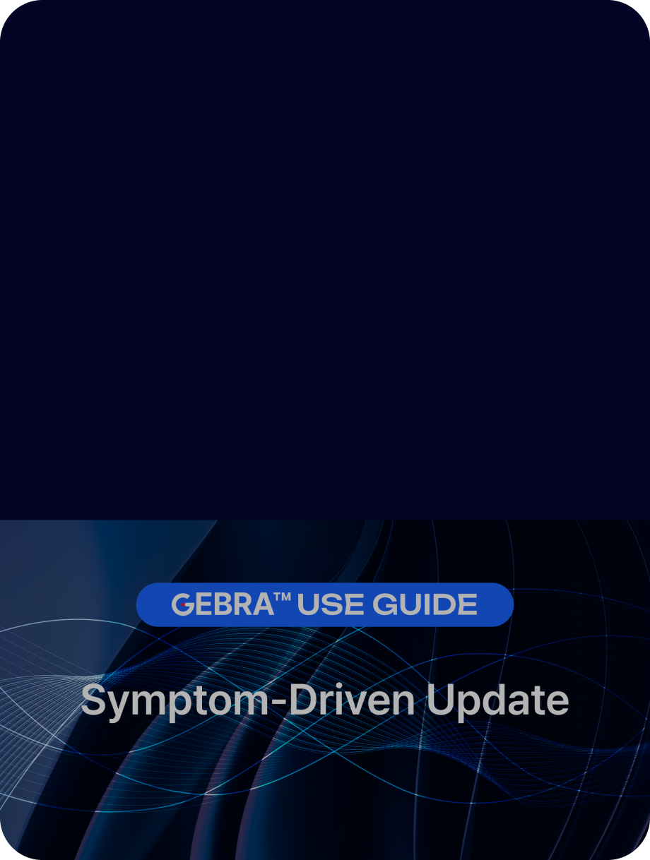 Dark abstract background with blue neural wave lines and text 'GEBRA Use Guide: Symptom-Driven Update' showing the AI-based variant reprioritization feature responding to updated patient symptoms.