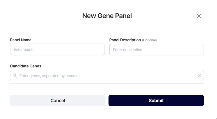 Screenshot showing the +New Gene Panel interface in GEBRA for creating custom panels by selecting candidate genes.