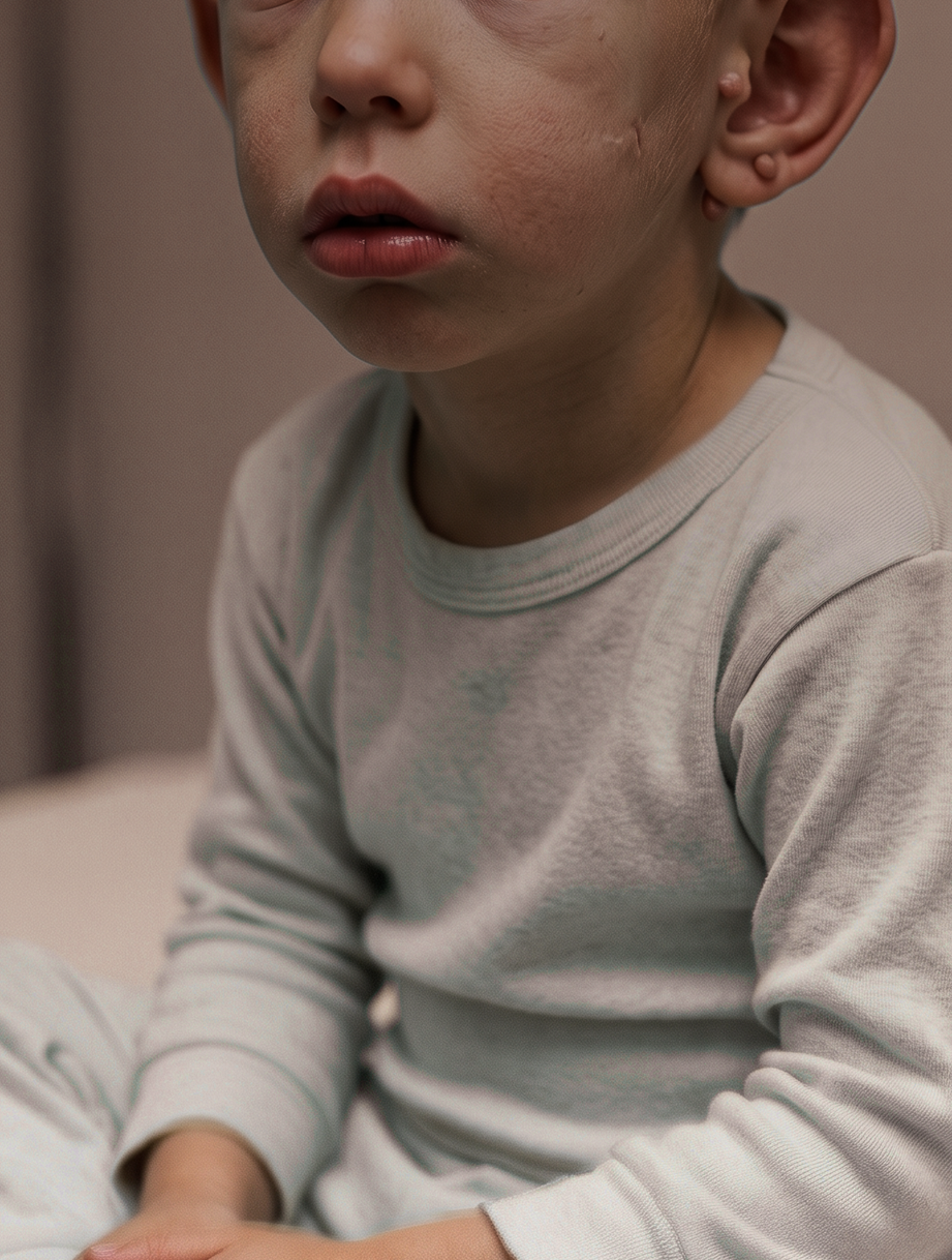 A young boy sitting on a bed, looking thoughtfully at a book in his hands.