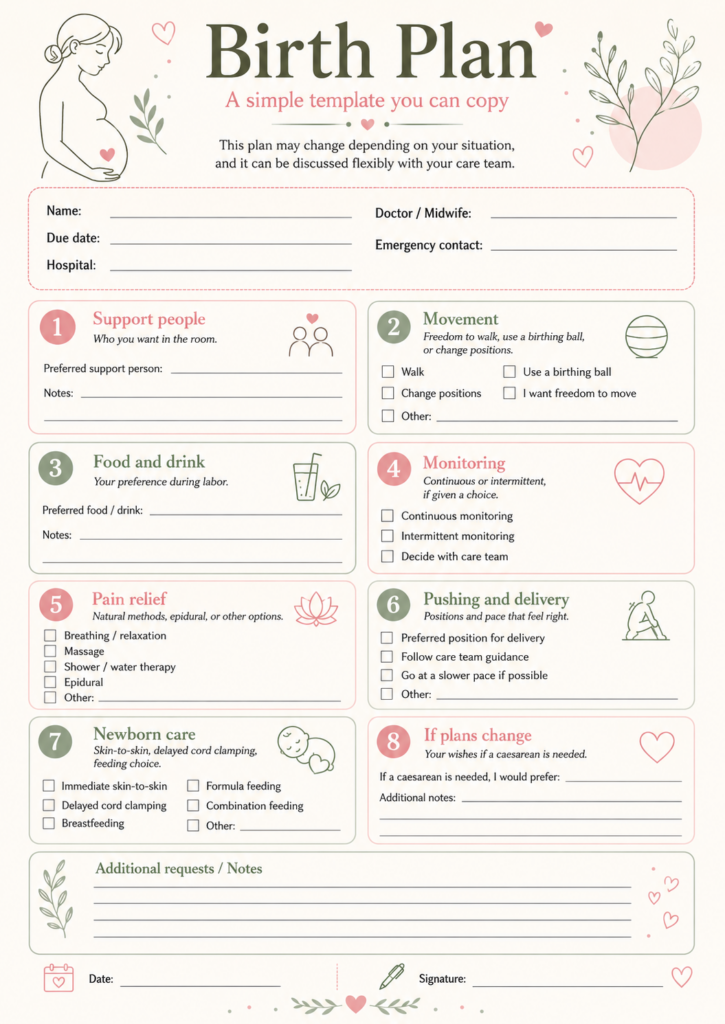 Printable birth plan template with sections for pain management and labor preferences.