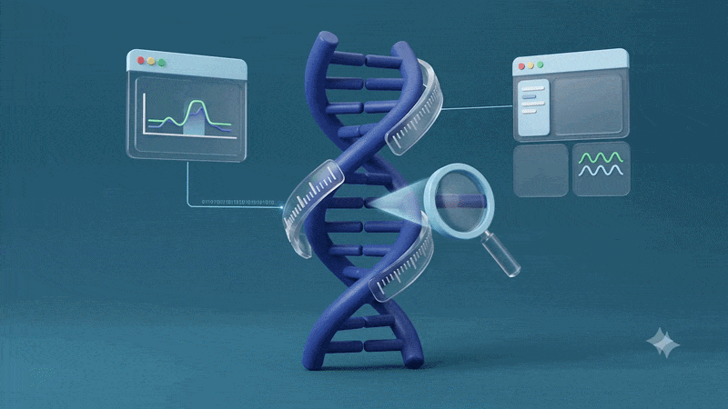 3D illustration of a DNA strand undergoing genetic sequence analysis and data visualization.