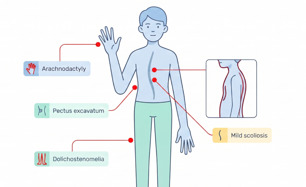 Medical illustration of skeletal features associated with Marfan syndrome including arachnodactyly and scoliosis.