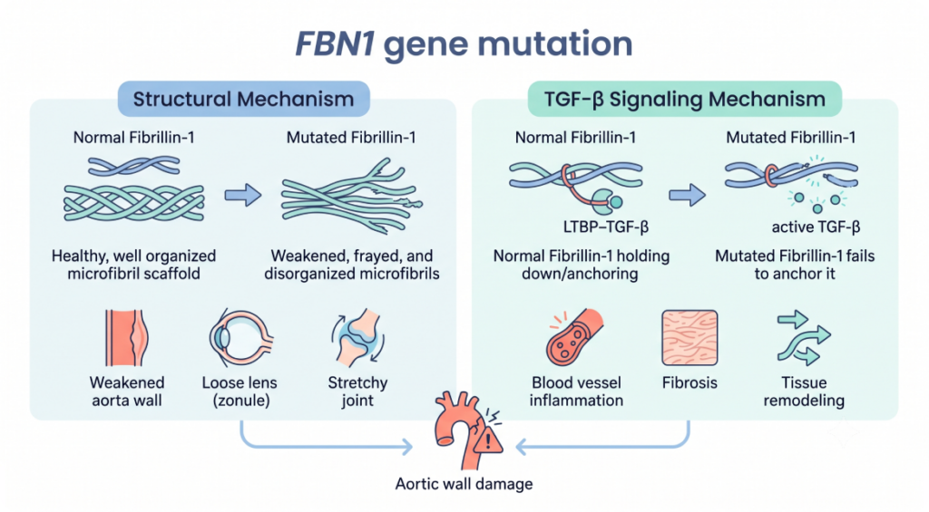 Diagram explaining structural and TGF-beta signaling mechanisms caused by FBN1 gene mutation.