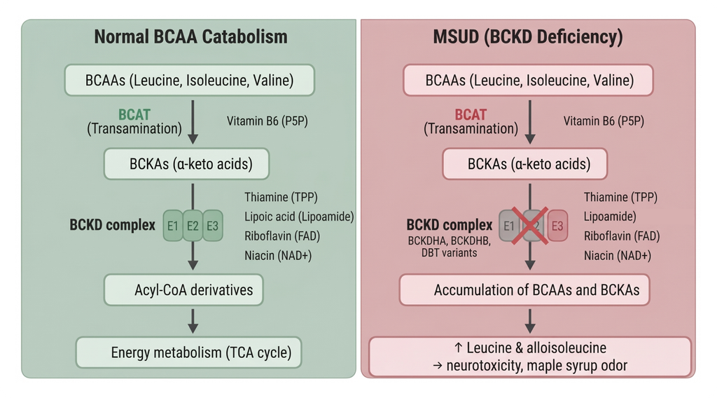 Normal BCAA catabolism vs MSUD pathway diagram. Visualizes how BCKD deficiency leads to leucine accumulation and neurotoxicity.