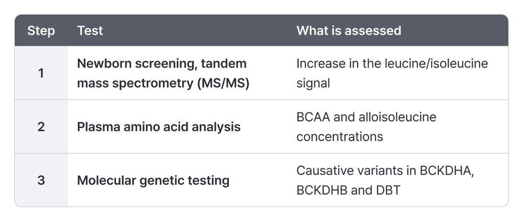 MSUD 3-step diagnostic workflow table. Covers newborn screening, plasma amino acid analysis, and molecular genetic testing.